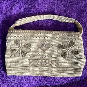 Vintage European Beaded Evening Bag Coin Purse White Cream Silver